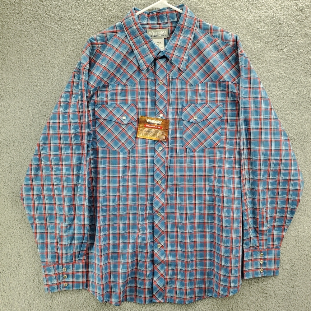 Wrangler Wrancher Pearl Snap Shirt XXL Blue Plaid Long Sleeve Western Cowboy NWT